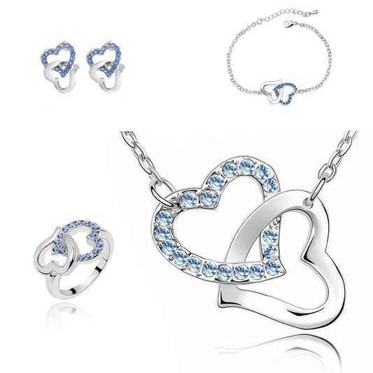 Light Blue Crystal Stones Hearts Intertwined Jewellery Set With Matching Necklace, Earrings, Bracelet & Ring