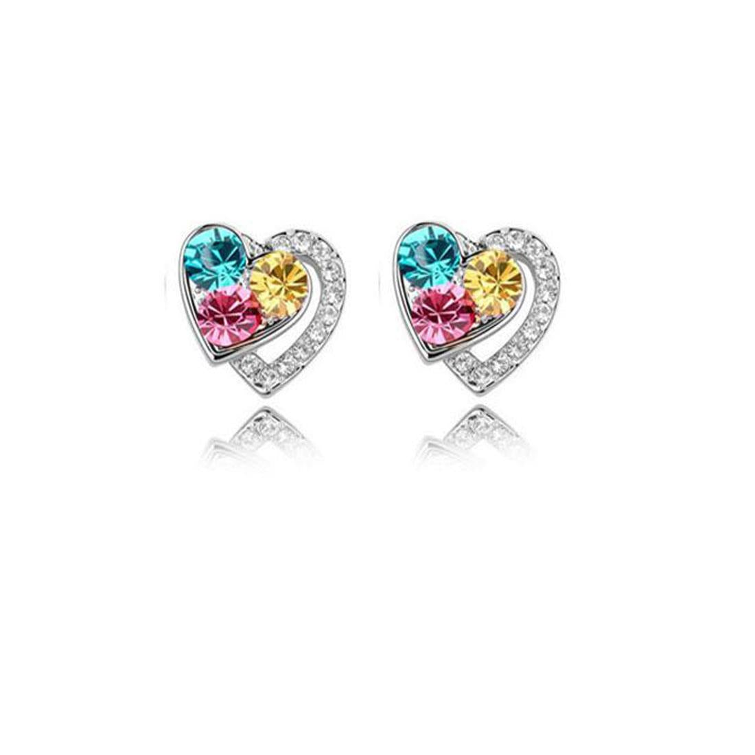 Trendy Rainbow Silver Heart Shaped Crystal Stud Earrings Stunning Jewellery Gift