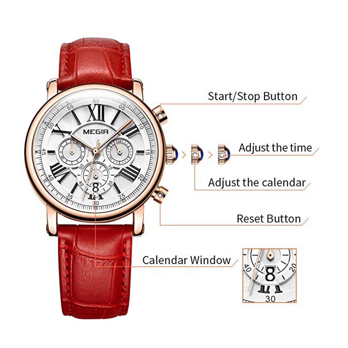 Megir Ladies Round Quartz Analogue Watch Red Rose Gold Smart Watches Leather