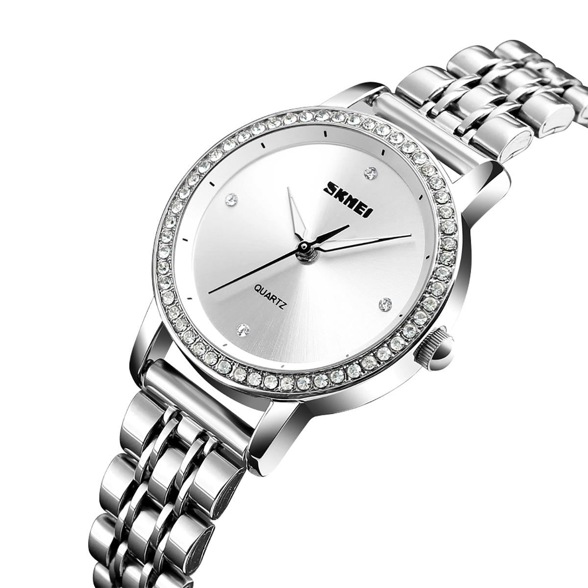 Skmei Silver Classic Women's Ladies Watch Crystal Stones Stainless Steel Mesh Strap SK1311S