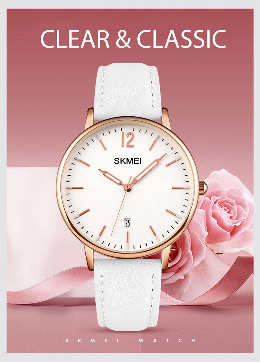 Skmei Women's Ladies Watch Classic Clear Dial Date Display Genuine Leather Strap White