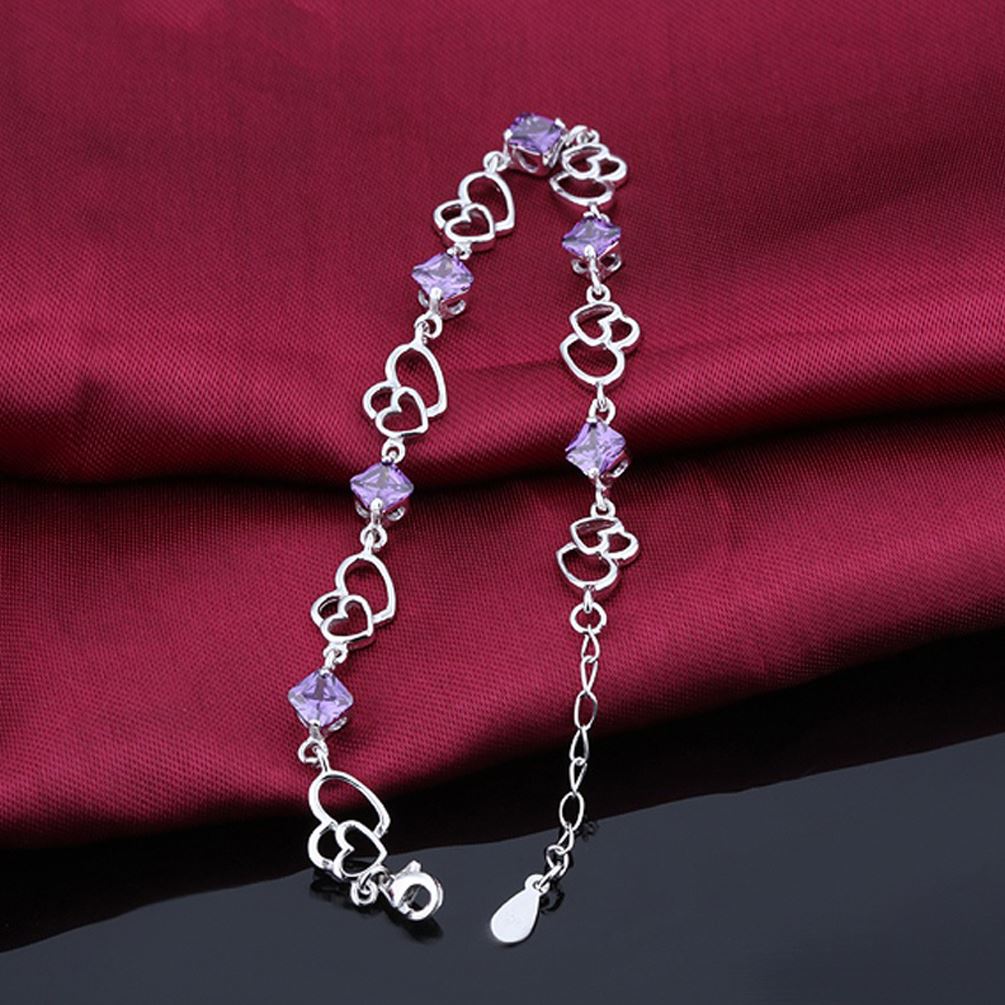 Women's Girls Charm Bracelet Silver Friendship Heart Purple Crystal Stone UK Seller