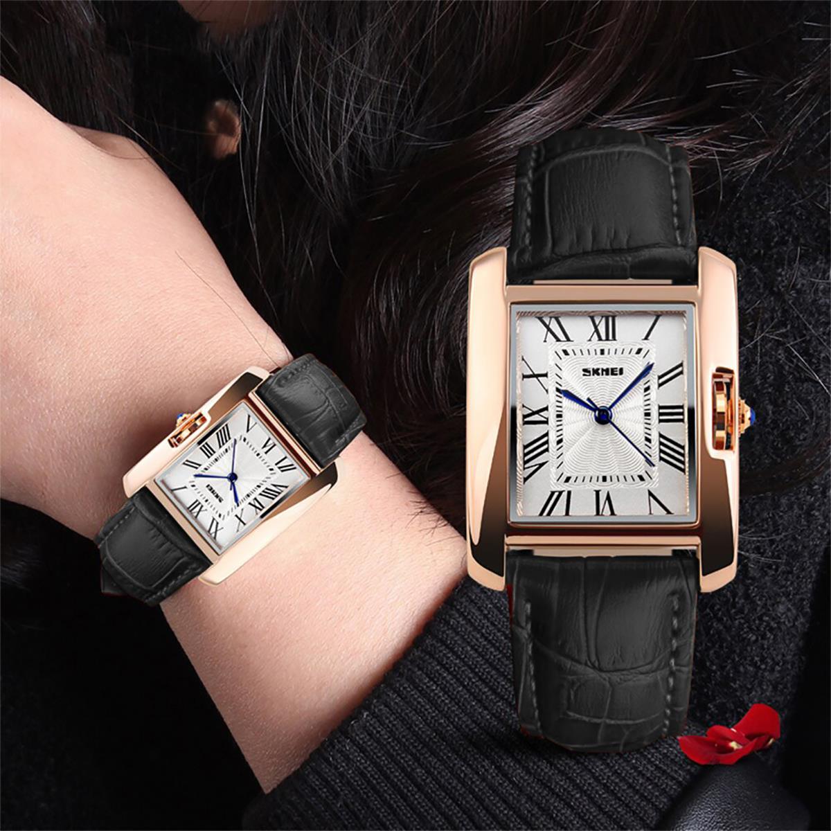 Skmei Women's Ladies Watch Square Rose Gold Roman Numerals Genuine Leather Strap Black