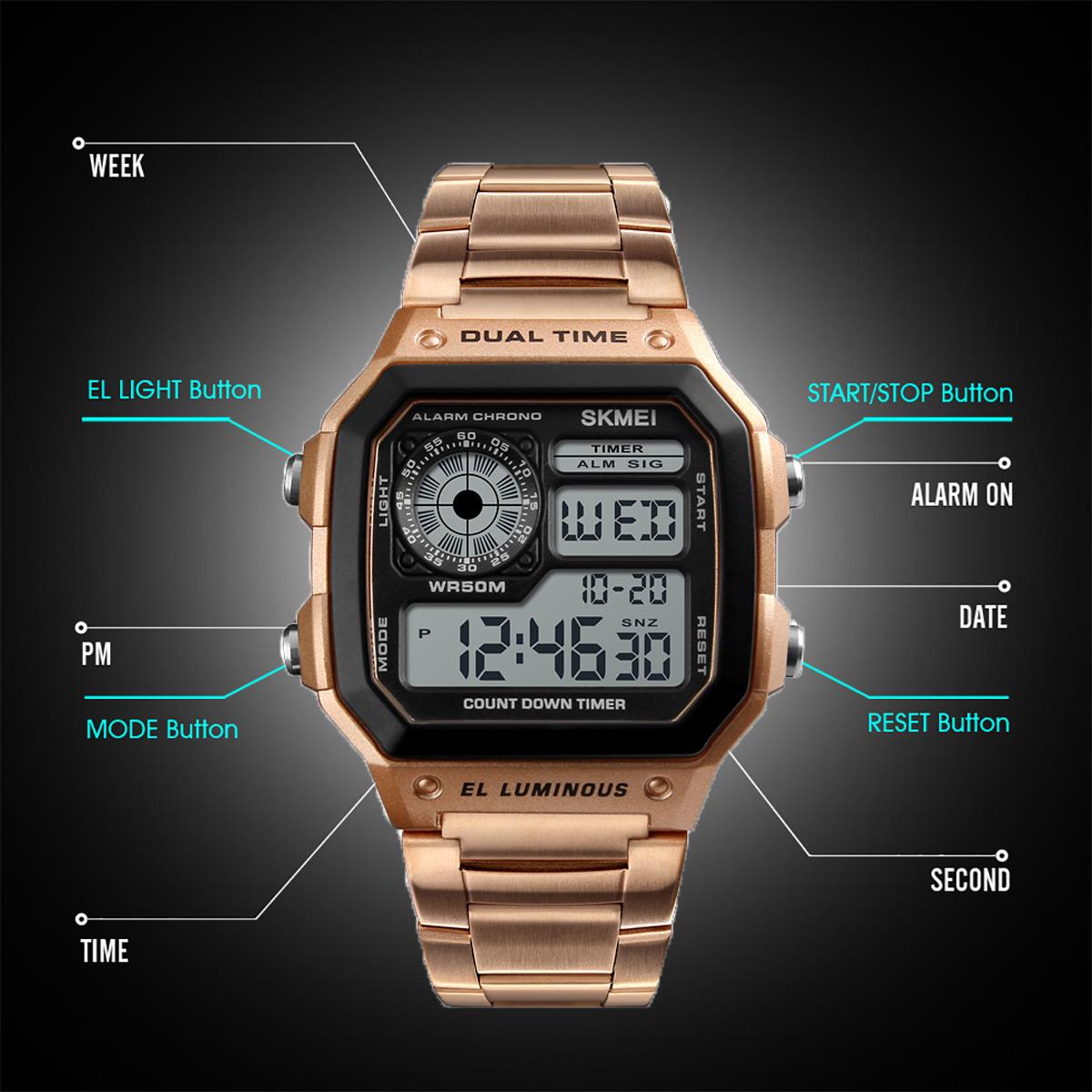 Skmei Rose Gold Smart Mens Digital Watch Clear Display Stainless Steel Strap Date Alarm Stopwatch DG1335G