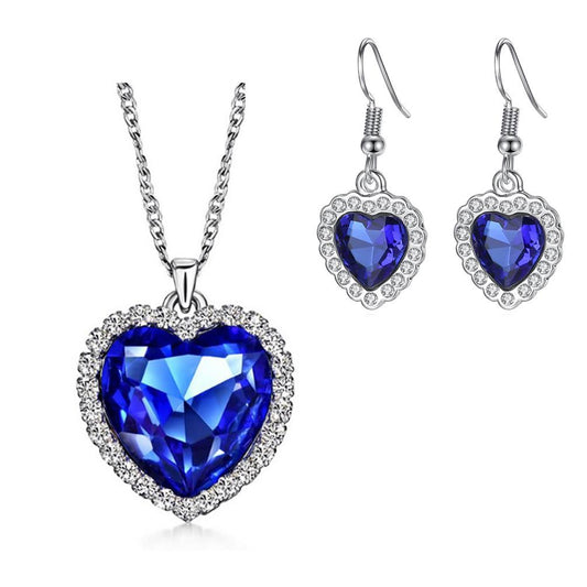 Women's Girls Blue Titanic Style Heart Ocean Necklace Earrings Set Crystal Elements