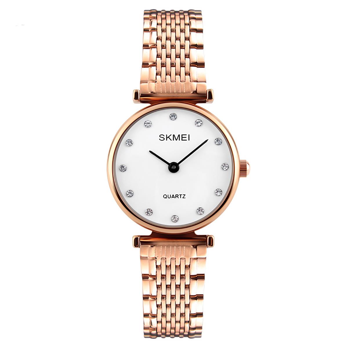 Skmei Women's Ladies Watch Rose Gold White Intricate Link Strap Crystal Stones SK1223