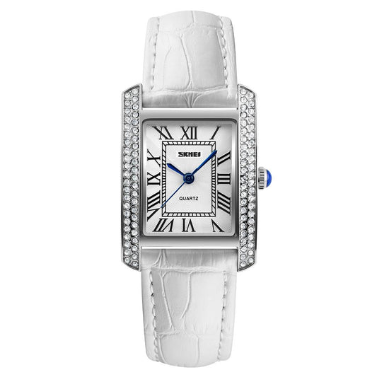 Skmei Women's Ladies Watch Classic Roman Genuine Leather Crystal Stones White Silver