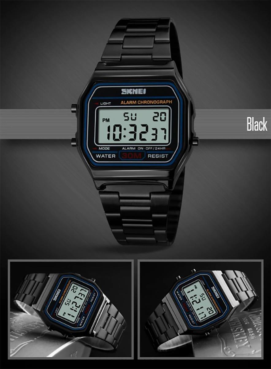 Skmei Mens Classic Clear Digital Watch Retro Alarm Metal Strap Date Black