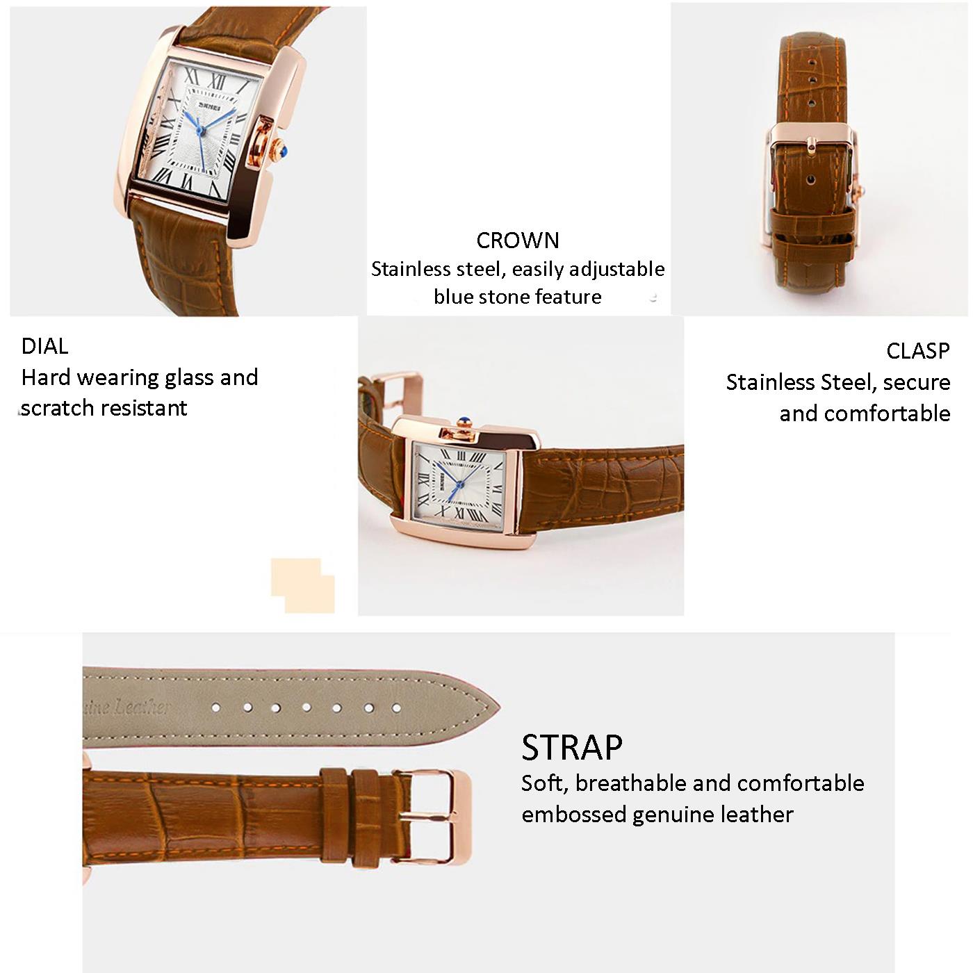 Skmei Beautiful Women's Ladies Watch Square Rose Gold Roman Numerals Genuine Leather Strap Brown 1085BR