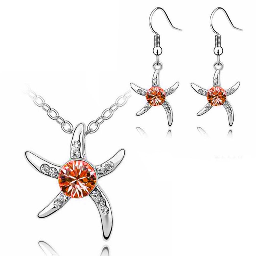 Women's Silver Starfish Necklace & Earrings Set Orange Crystal Stone Gift UK