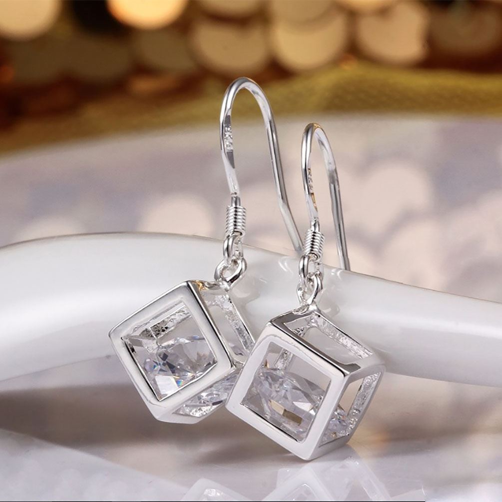 Women's Silver Cube Necklace & Earrings Set With Crystal Stone Unique Gift Stocking Filler UK