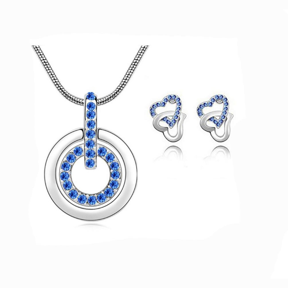 Women's Dark Blue Circle Pendant Necklace With Matching Love Heart Earrings Set