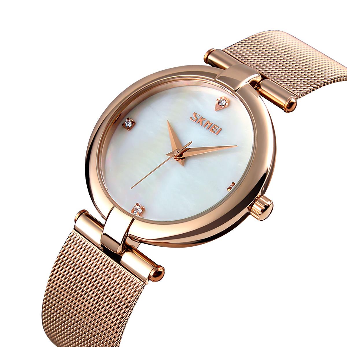 Skmei Women's Ladies Watch Rose Gold Mesh Chain Bracelet Strap Mother Of Pearl Dial