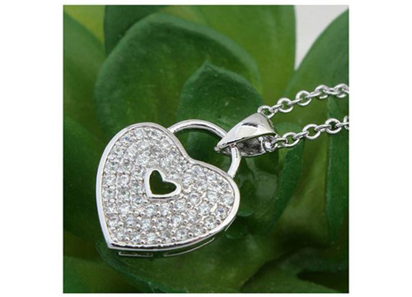 Women's Ladies 'Locked' Love Heart Necklace Pendant Crystal Stones Silver UK Seller