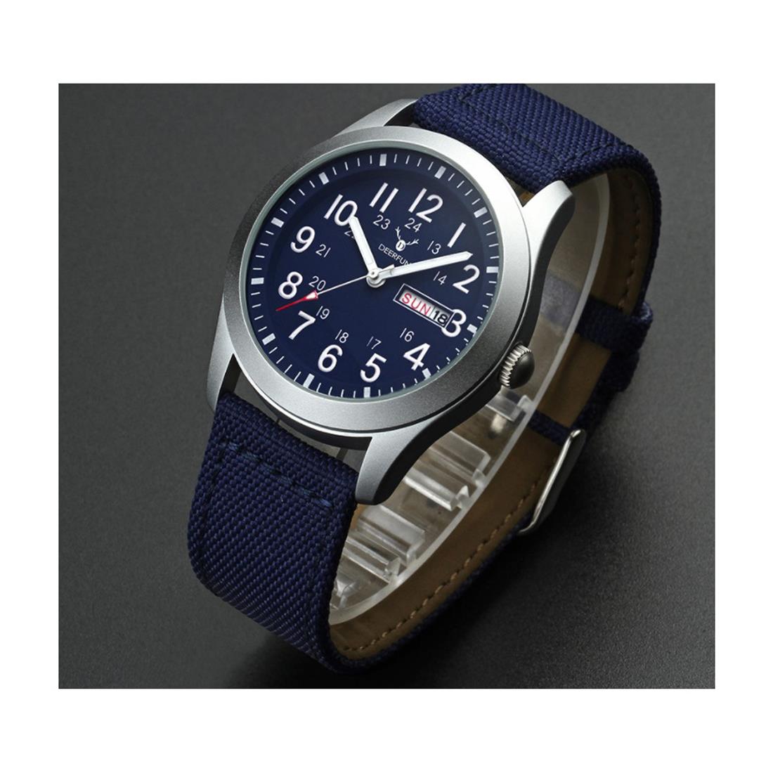 Deerfun Mens Watch Blue Dial Silver Bezel A Material Strap And Day Date Display