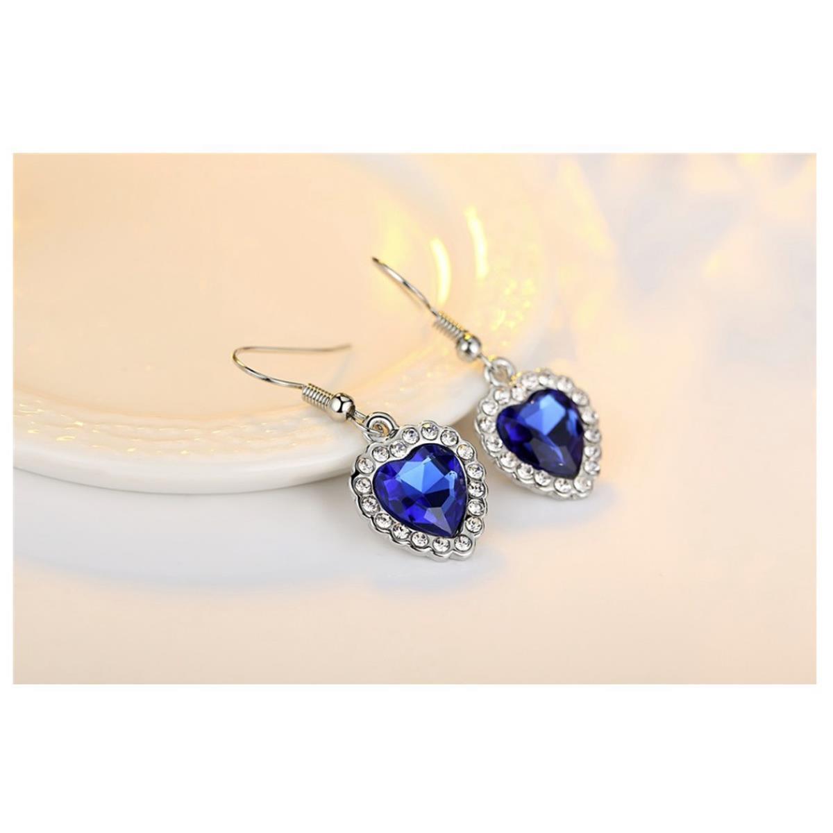 Women's Girls Blue Titanic Style Heart Ocean Necklace Earrings Set Crystal Elements