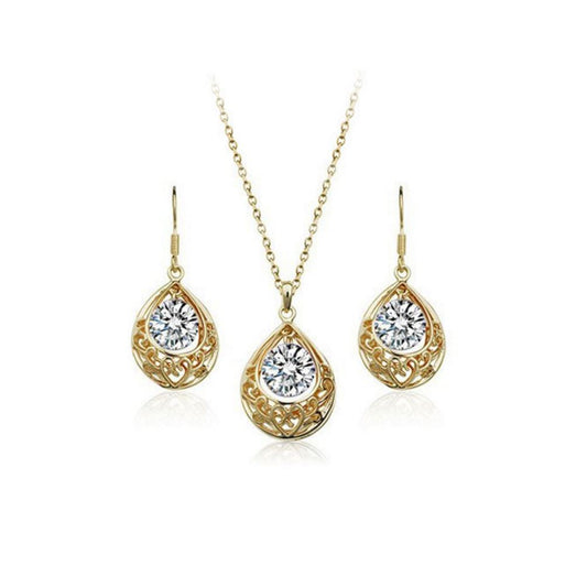 Women's Gold White Clear Teardrop Jewellery Set Drop Earrings & Necklace from Charles William