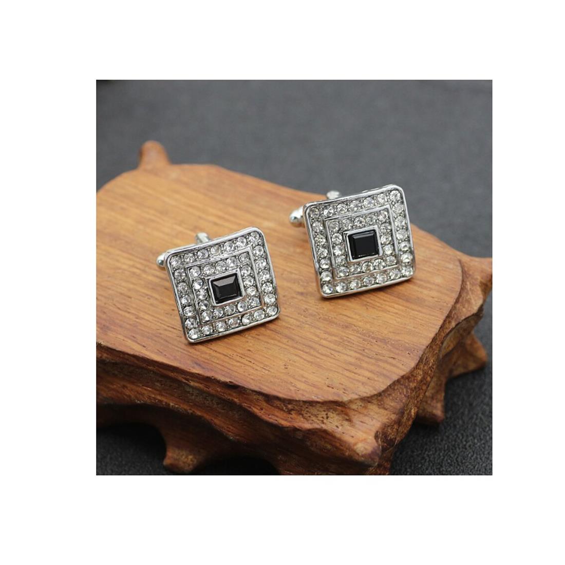 Charles William Silver Cufflinks Square With Encrusted Crystal Stones And Central Black Stone