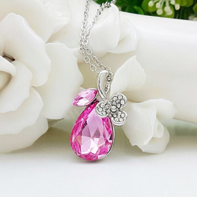 Women's Hot Pink Diamante Crystal Silver Tone Flower Petal Teardrop Pendant Necklace UK