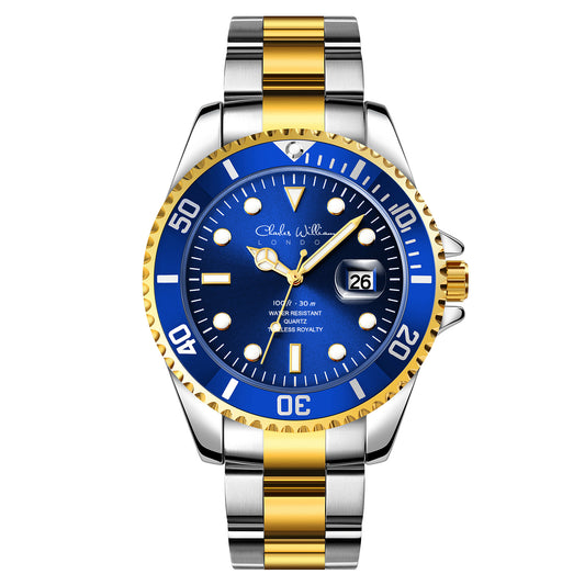 Charles WIlliam Mens Designer Watch Blue Gold With A Date Display and Stainless Steel Strap