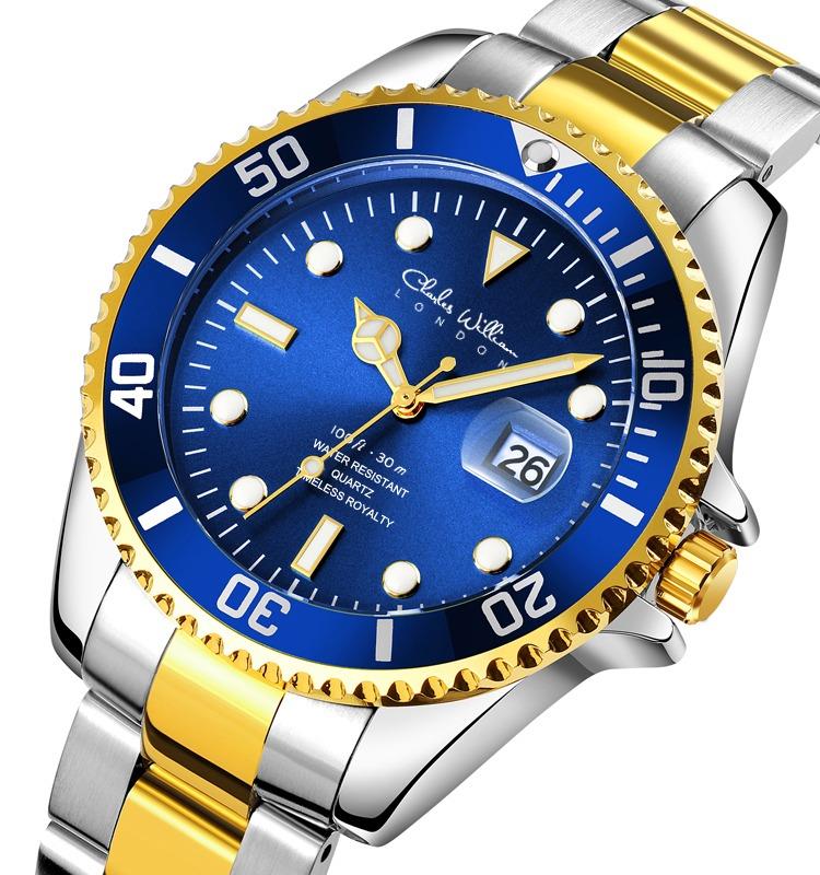 Charles WIlliam Mens Designer Watch Blue Gold With A Date Display and Stainless Steel Strap