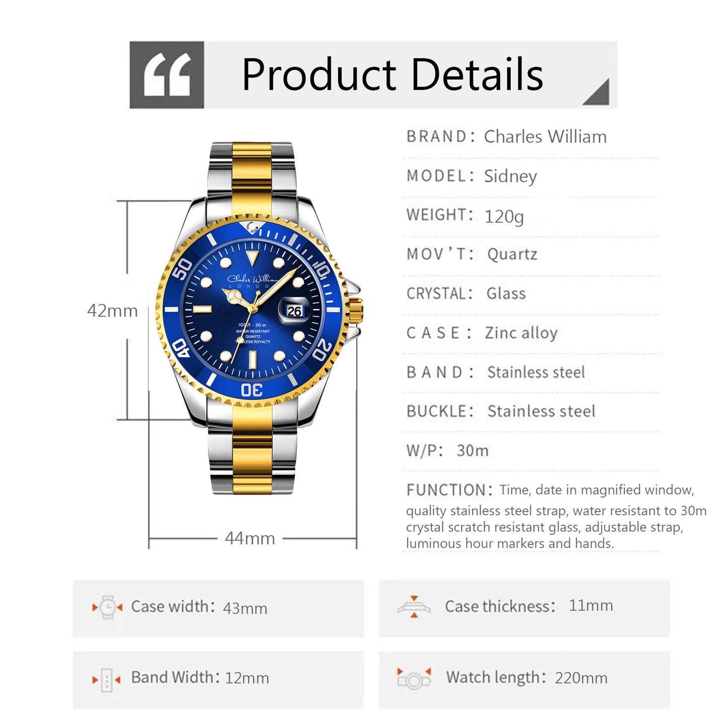 Charles WIlliam Mens Designer Watch Blue Gold With A Date Display and Stainless Steel Strap