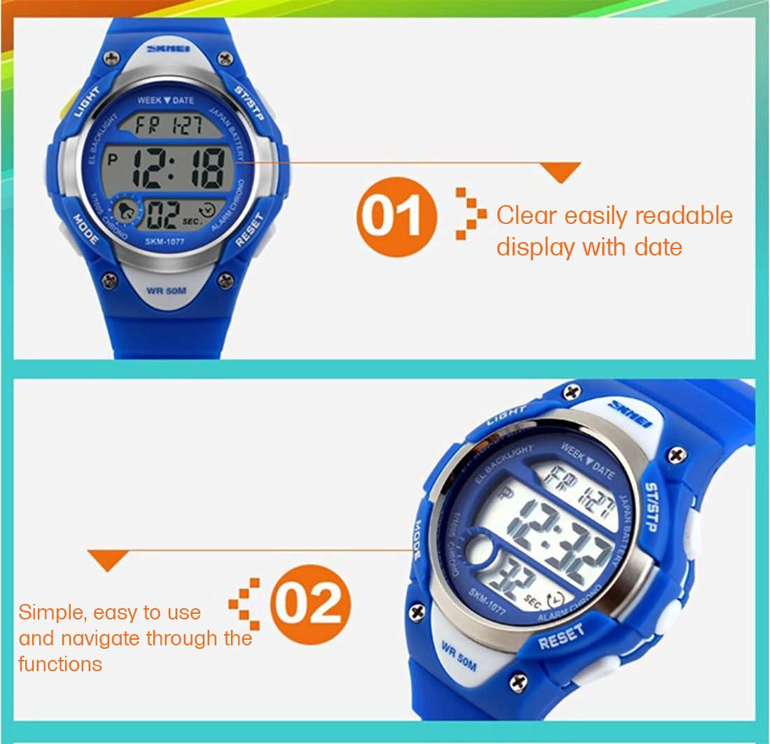 Skmei Boys And Girls Kids Pink Blue Or Black Digital Watch With Stopwatch Alarm Light Ages 6-13