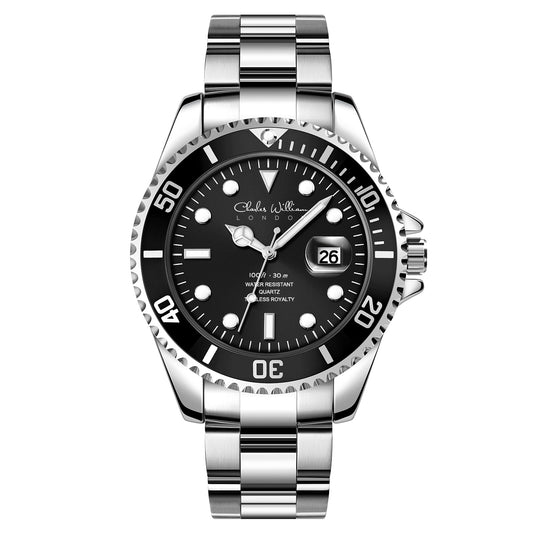 Charles WIlliam Mens Watch Black Dial With Silver Bezel And Stainless Steel Strap